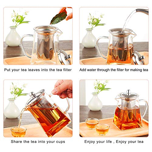 Glass Teapot with Infuser, 950ml/32oz Clear High Borosilicate Glass Tea Pot with Removable Tea Strainers for Loose Leaf Tea, Heat Resistant Loose Leaf Teapot, Microwavable and Stovetop Safe