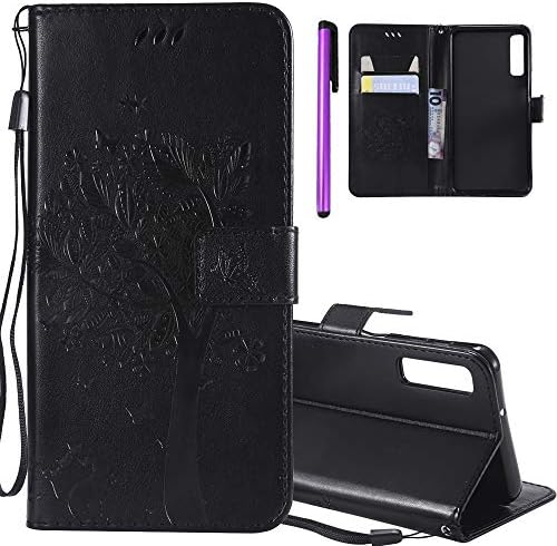 ISADENSER Samsung Galaxy A750 Case Galaxy A7 2018 Case for Women [Wallet Stand] as Gift With Cards Slot Holder Cash Pockets PU Leather Wallet Case for Samsung Galaxy A750 / A7 2018 Black Cat Wish Tree