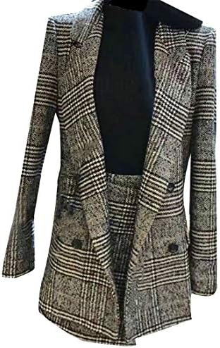 Lutratocro Womens Autumn Houndstooth Plaid Blazer Fashion Double Breasted 2 Piece Lapel Dress Coat Winter Set
