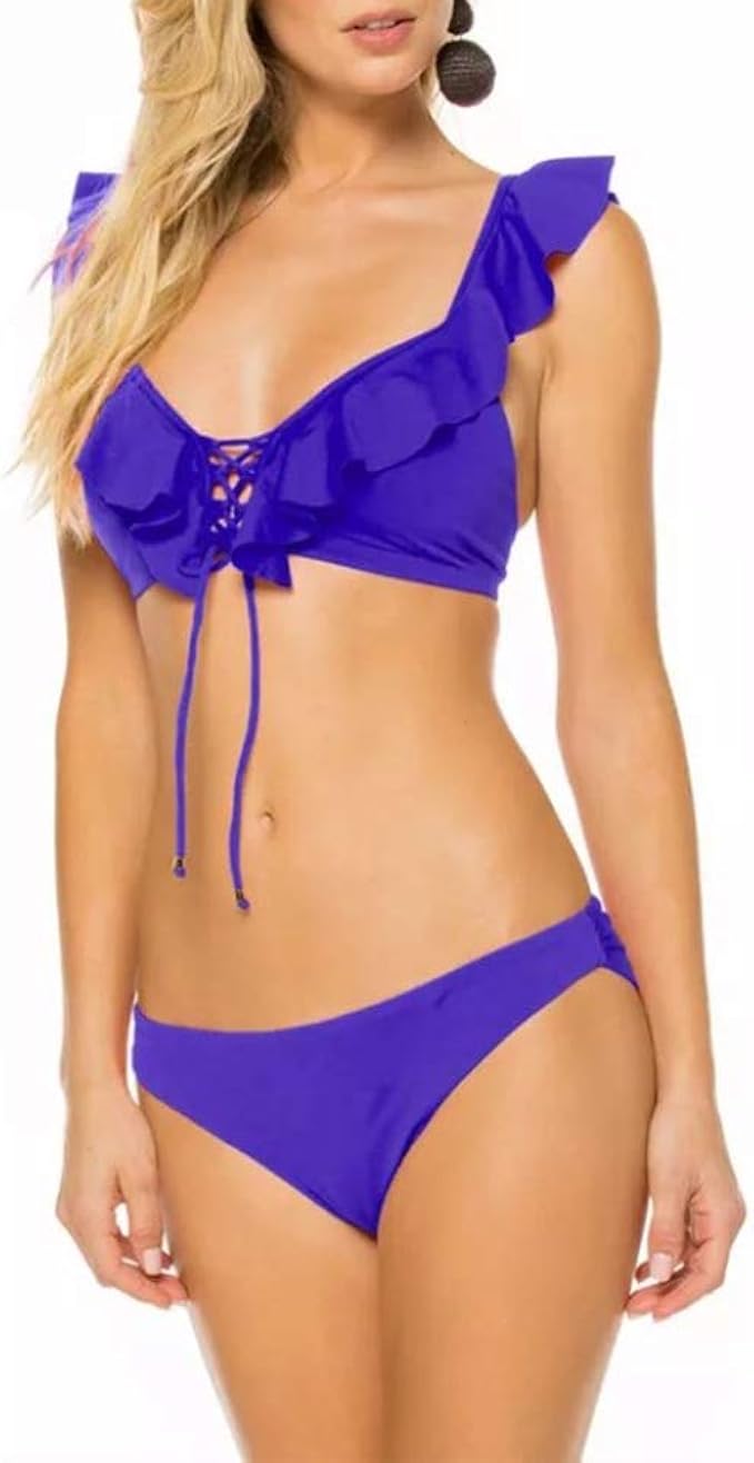 Amazon かわいいフリルフラウンスビキニセットレースアップネクタイフロントとバックの水着トライアングルビーチウェア用女性女の子 ビキニ セパレーツ 通販