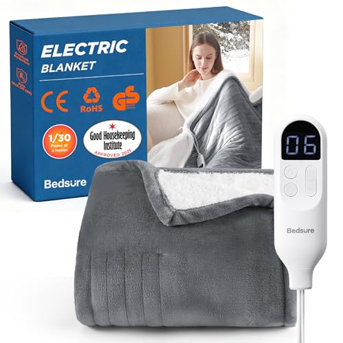 Bedsure Large Electric Blanket Heated Throw - 6 Heat Levels & 10 Timer Settings, Ultra-Soft Flannel & Sherpa Fast Heating Throw, 130x160cm, Overheat Protection, Grey