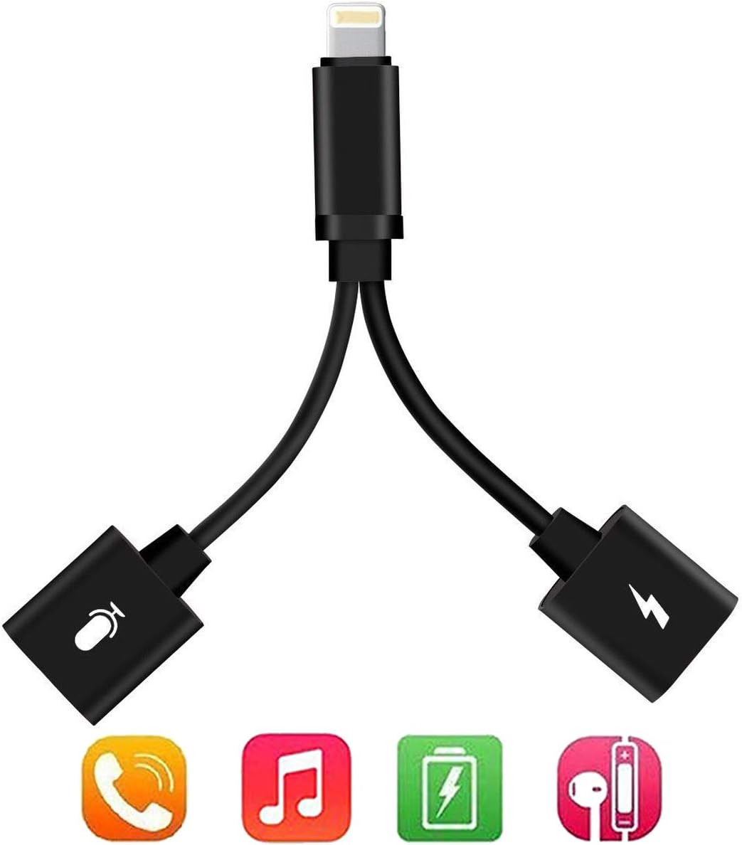 Dual Headphones Jack Adapter Compatible with iPhone 11 Pro Max/11 Pro/11/Xs Max/Xs/Xr/X/8/8 Plus/7/7 Plus/iPad - 2 in 1 Charge and Listen to Music - Black