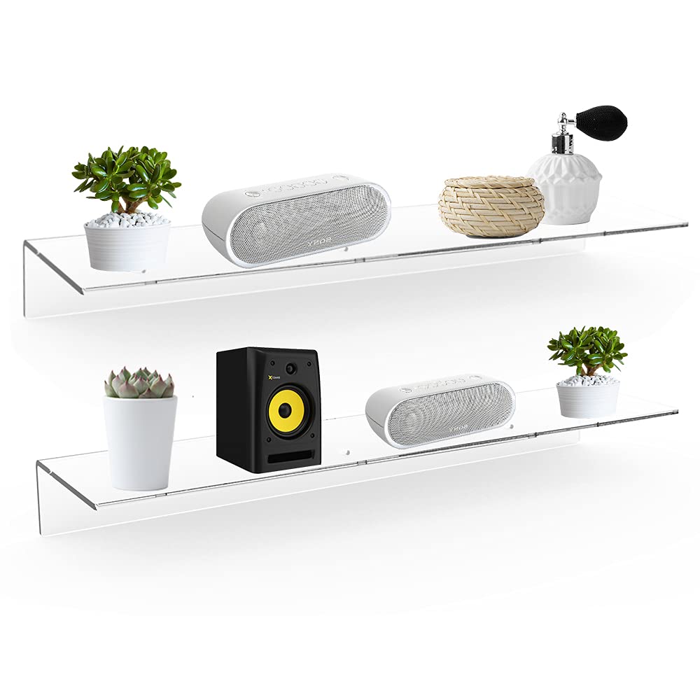 Sezanrpt 24 Inches Clear Floating Shelves for Wall, Acrylic Long Wall Shelf, Wall Mounted Shelves for Plants, Speaker, Radio, Funko Pop, Stuffed Animal, Books, Cosmetics, Toiletries, 2 Pack (24 Inch) — image 1