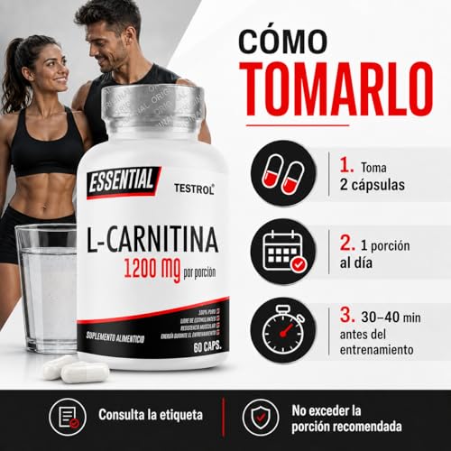 Carnitina Essential 1200mg por porción, L Carnitina Tartatro libre de Estimulantes para Hombre y Mujer, Calidad Premium | TSN Testrol L-Carnitina Essential 60 Cápsulas.
