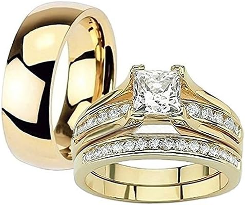 Her &amp; His 14K G.P. Stainless Steel 3pc Wedding Engagement Ring &amp; Men's Band Set Women's Size 09 Men's 08mm Size 10
