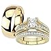 Marimor Jewelry Her and His 14K Gold Plated Stainless Steel 3 Piece Wedding Engagement Ring and Men's Band Set