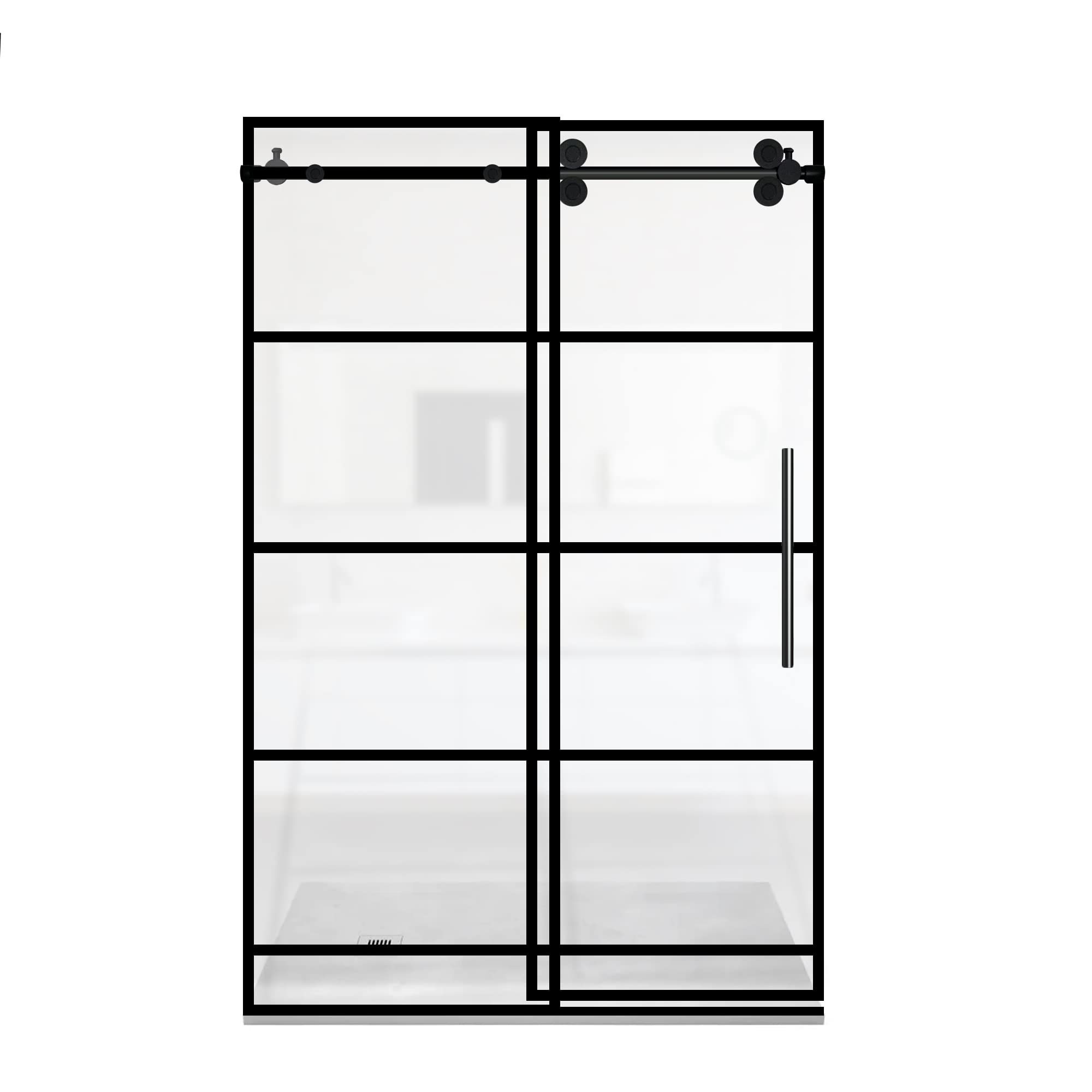 Photo 1 of ***PARTS ONLY***Fab Glass And Mirror Single Sliding Door for Bathrooms, 56–60” W x 76” H, 3/8" Frameless Tempered Panel with Reversible Handle, Matte Black Grid Design, Ideal for Compact, Stylish Spaces
