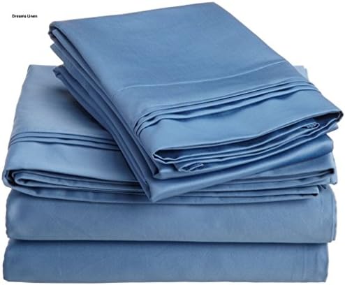 Dreams Linen 300-Thread-Count Egyptin Cotton 3pcs Duvet Set + Fitted Sheet Pocket Deep +19inch Twin Size Medium Blue Solid