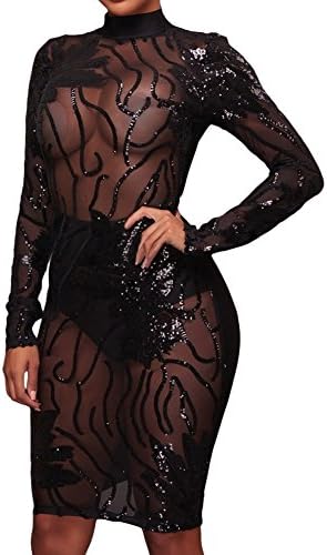 RedLife Women's Sexy Sequin Sparkling Evening Party Club Wear Bodycon Black Mesh Midi Dress (Black, Medium)