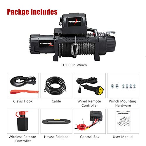 FieryRed Trailer/SUV Winch- 12 V 13000LBS Electric Winch with Synthetic Rope, Wire and Wireless Remote Control, Aluminium Fairlead - Image 3