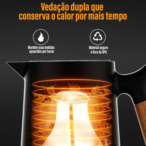 Garrafa Térmica Café 1 Litro Preta YAB Cabo de Madeira C/Botão Nórdica