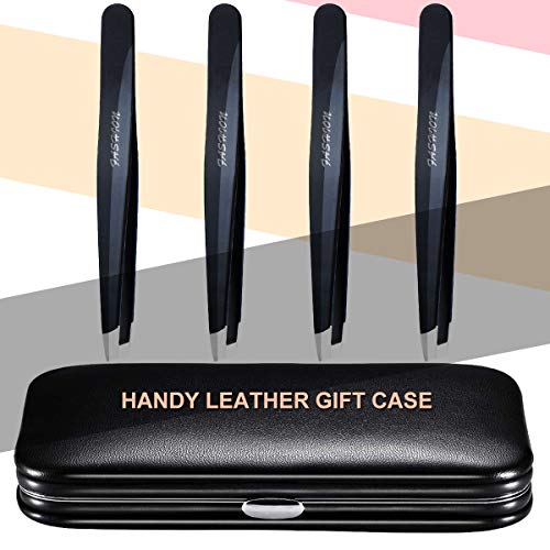 Tweezers, Tweezers for Eyebrows, 4 Pack Slat Tweezers Precision Eyebrow Tweezer Eyelash Extension Tweezers with Leather Carrying Case for Men Women Boys & Grils - New