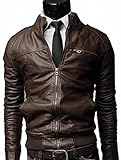 OCHENTA Men's Winter Slim Fit Stand Up Collar Faux Leather Jacket