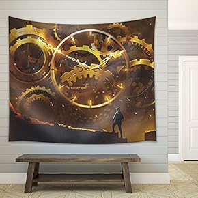Illustration - Man Standing in Front of The Big Golden Clockwork,Illustration Painting - Fabric Wall Tapestry Home Decor - 51x60 inches