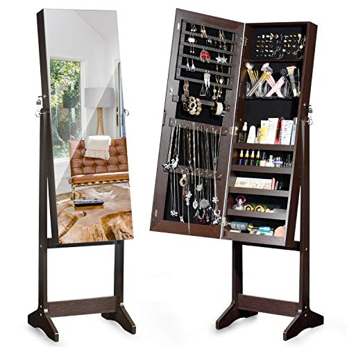 TWING Jewelry with Full Screen Mirror,Standing Lockable Jewelry Armoire Organizer,Full