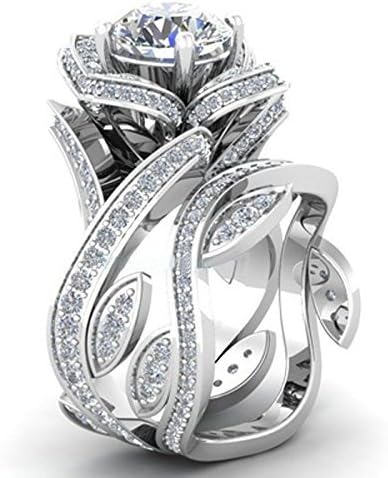 pimchanok Women Fashion White Topaz Gemstone 925 Silver Lotus Flower Wedding Ring Set New (9)