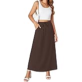 NILOUFO Womens Maxi Skirts High Waisted Adjustable Elastic Waist with Pockets Beach Flowy Casual Long Skirt (Brown, X-Large)