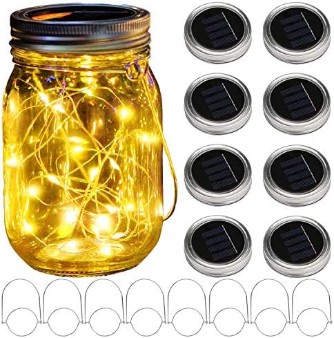 KZOBYD 8 Pack Solar Mason Jar Lid String Lights with 8 Handles,10 LED Fairy Starry Firefly Lights Kit Hanging for Outdoor Indoor Patio Wedding Decor(Jars Not Included) (Warm White)