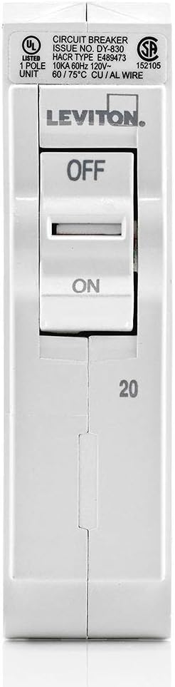 Leviton LB120 20 Amp, 1-Pole Plug-on Standard Branch Circuit Breaker, 120 VAC,White