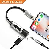 iPhone Splitter Adapter, Dual Function Lightning to Charge & 3.5mm Audio Splitter with Wire Control For iPhone 7/8/X, No Calling Function [Support iOS 11 or Up] (No clip)