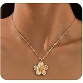 Quivox Chunky Gold Flower Necklace for Women Big Floral Statement Necklace Vintage Geometric Petal Pendant Necklaces Aesthetic Flower Jewelry Accessories