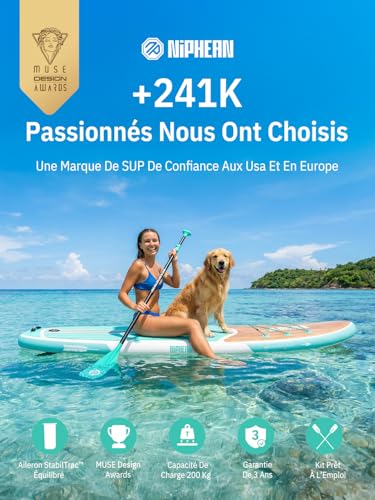 Niphean Paddle Gonflable Adulte avec Tous Les Accessoires, 320cm Planches de Stand Up Paddle Gonflables pour Tous Les Niveaux, Sup avec Capacité 200 kg pour 2 Personnes, Paddle Gonflable avec Siège