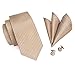 Hi-Tie Mens Beige Gold Plaid Silk Tie Hanky Cufflinks set