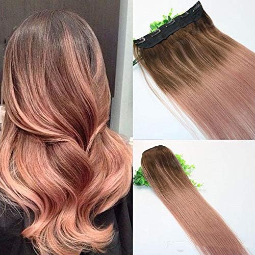 Ombre Rose Gold Pink With Brown Highlights Dark Brown Root One Piece Clip In 100g Human Hair Extensions 5Clips With Lace Remy Human Hair (16)