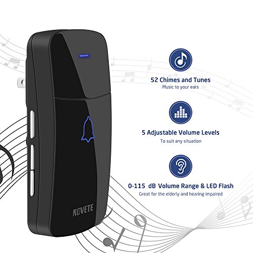 Wireless Doorbell Kit, NOVETE Waterproof Door Chime Kit Operating at Over 1300 Feet, Door Bell with Two Plug-in Receivers, LED Indicators, 52 Melodies, Memory Function, Easy Set Up for Home and Office