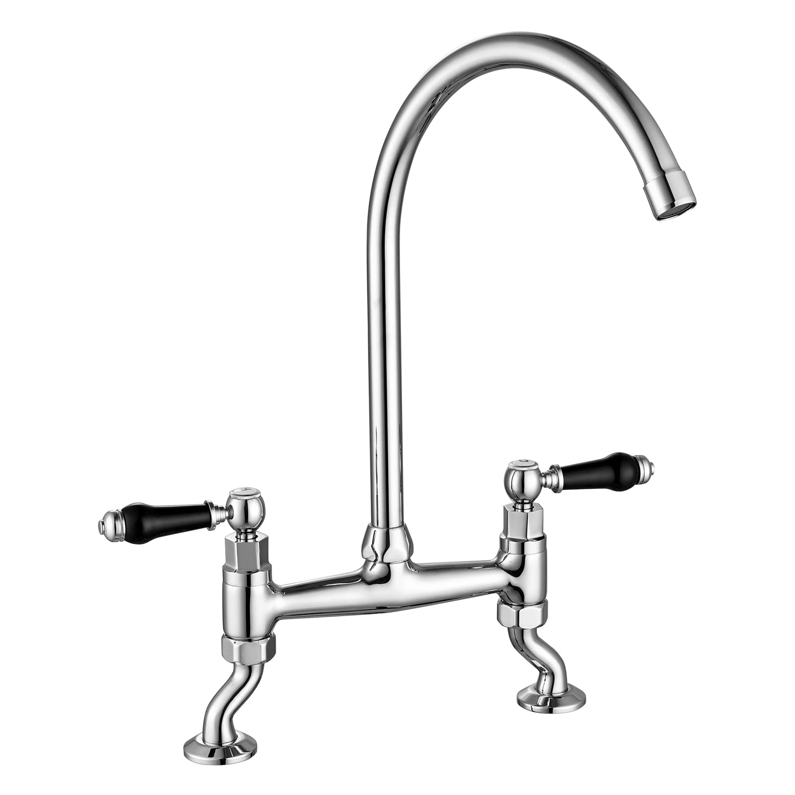 Peppermint Traditional Kitchen Bridge Sink Mixer Tap 2 Hole Dual Lever Monobloc Chrome Victorian Kitchen Taps with Black Ceramic Handles Brass Adjustable Faucets 360° Swivel Deck Mounted