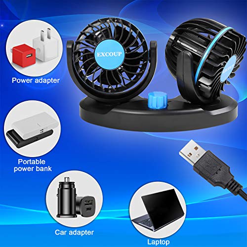 EXCOUP USB Fan with 2 Speeds, Adjustable Mini Car Fan, Table Fan DC 5V Dual Head Rotatable
