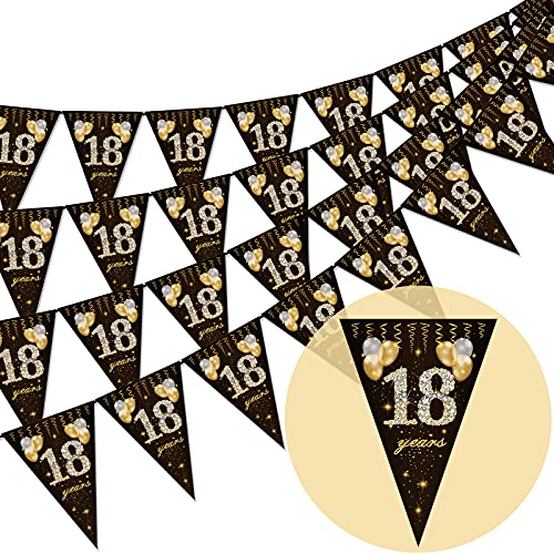 18th birthday bunting, Happy Banner Bunting Flags, 40 Pieces Triangle Gold Black Glitter Diamond by Numbers 18th Birthday Anniversary Theme Party Decoration Supplies