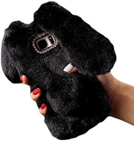 For Galaxy S8+ Bunny Fur Case,Fuzzy Green Limited Fashional Cool Fluffy Warm Fur Phone Cover with Rhinestone Decor Soft Touch Bunny Case for Samsung Galaxy S8 Plus (Black)