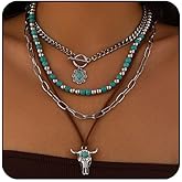 Western Necklaces for Women Turquoise Boho Necklaces Trendy Western Jewelry for Womem Layered Cowgirl Accessories Vintage Turquoise Beaded Ox-head Cactus Hat Pendant Necklace Set Country Jewelry