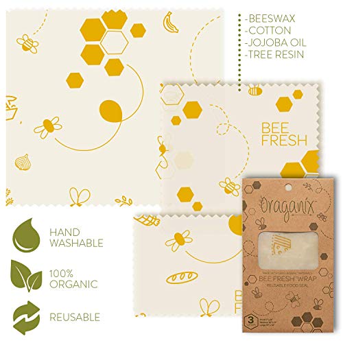 Oraganix Bee Fresh Beeswax Wrap - 3 Assorted Bees Wrap Sizes w/ (6) Mesh Bags, Eco Friendly Reusable Food Wrap, Plastic Free Food Storage