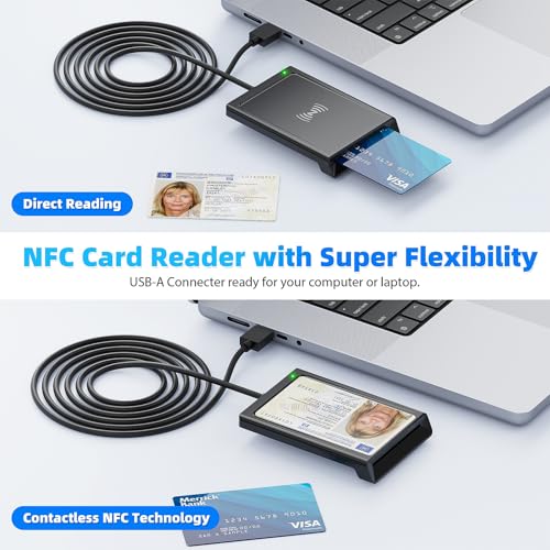 USB smart card reader with NFC, USB smart card reader, DOD military card reader for ID card, bank cards, compatible with Windows, Linux, PC laptop, 95 cm cable