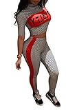 Molisry Women Short Sleeve Letter Print Plaid Crop Top Bodycon Long Pant Jumpsuits 2 Piece Outfits