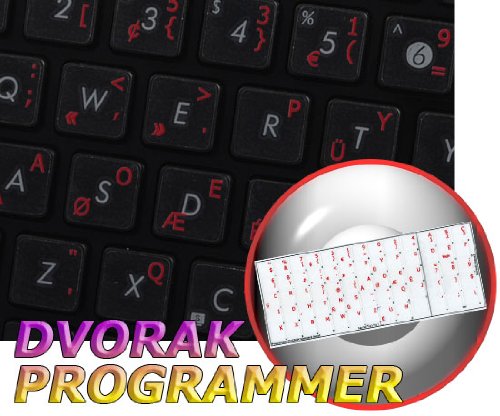 DVORAK PROGRAMMER KEYBOARD LABELS LAYOUT ON TRANSPARENT BACKGROUND WITH BLUE, ORANGE, RED, WHITE OR YELLOW LETTERING (14X14) (Red)