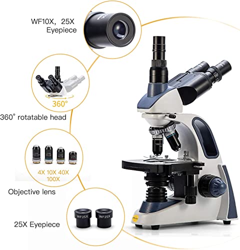 SWIFT SW380T 40X-2500X,Trinocular Compound Lab Microscope with Double Layer Mechanical Stage,Siedentopf Head, Wide-Field 10X/25X Eyepieces