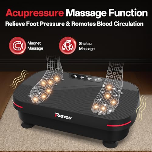 PASYOU Vibration Plate Exercise Machine, Whole Body Workout Equipment for Athletes and Fitness Enthusiasts, Low Noise Vibrating Plate Machine with 2 Resistance Bands & Remote Control for Home & Office