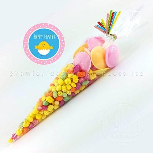 Cellophane Clear Cone Plastic Cone Bags – Assorted Twist Ties – Happy Easter Stickers - Choose your quantity