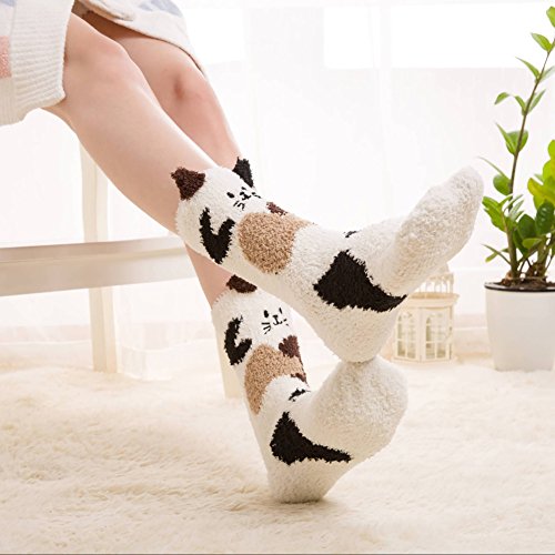 LANLEO Women's Fuzzy Cute Animal Winter Slipper Socks Super Soft Warm Home Sleeping Socks 1 Pairs (Cat) - Thumbnail 3