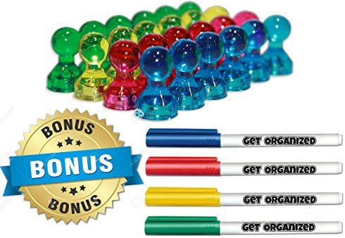 Magnetic Push Pins - Home & Office Combo - 24 Colorful Magnets & 4 Bonus Premium Dry-Erase Markers - by Get Organized
