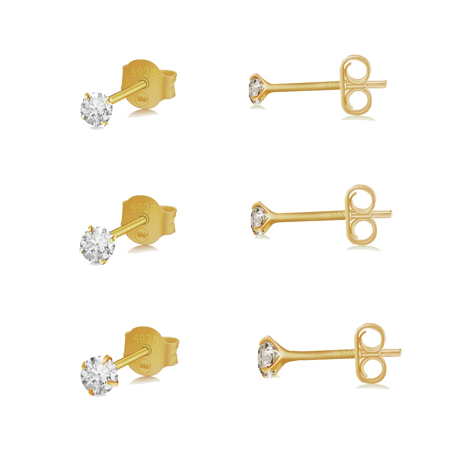 SIMPLI BASIC Set of 3 Pairs Sterling Silver Studs for Women Round Cut White CZ Earrings 3/4/5mm, Hypoallergenic & Nickel Free Earrings, Jewellery Gifts for Her with Pouch - 14K Gold Plated