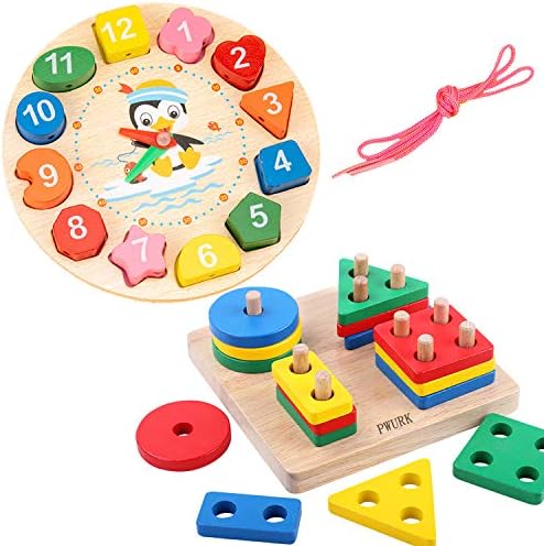 Wooden Sorting Stacking Montessori Toys&Toddler Educational Clock Toy with Lacing Beads – for Kids Shape Color Number Time Match Learning Teaching Puzzle Game for 3 4 5 Years Old Boys Girls