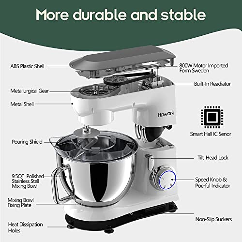 HOWORK 800W Metal Stand Mixer, 9.5QT Bowl 10+PSpeed Food Mixer, Tilt