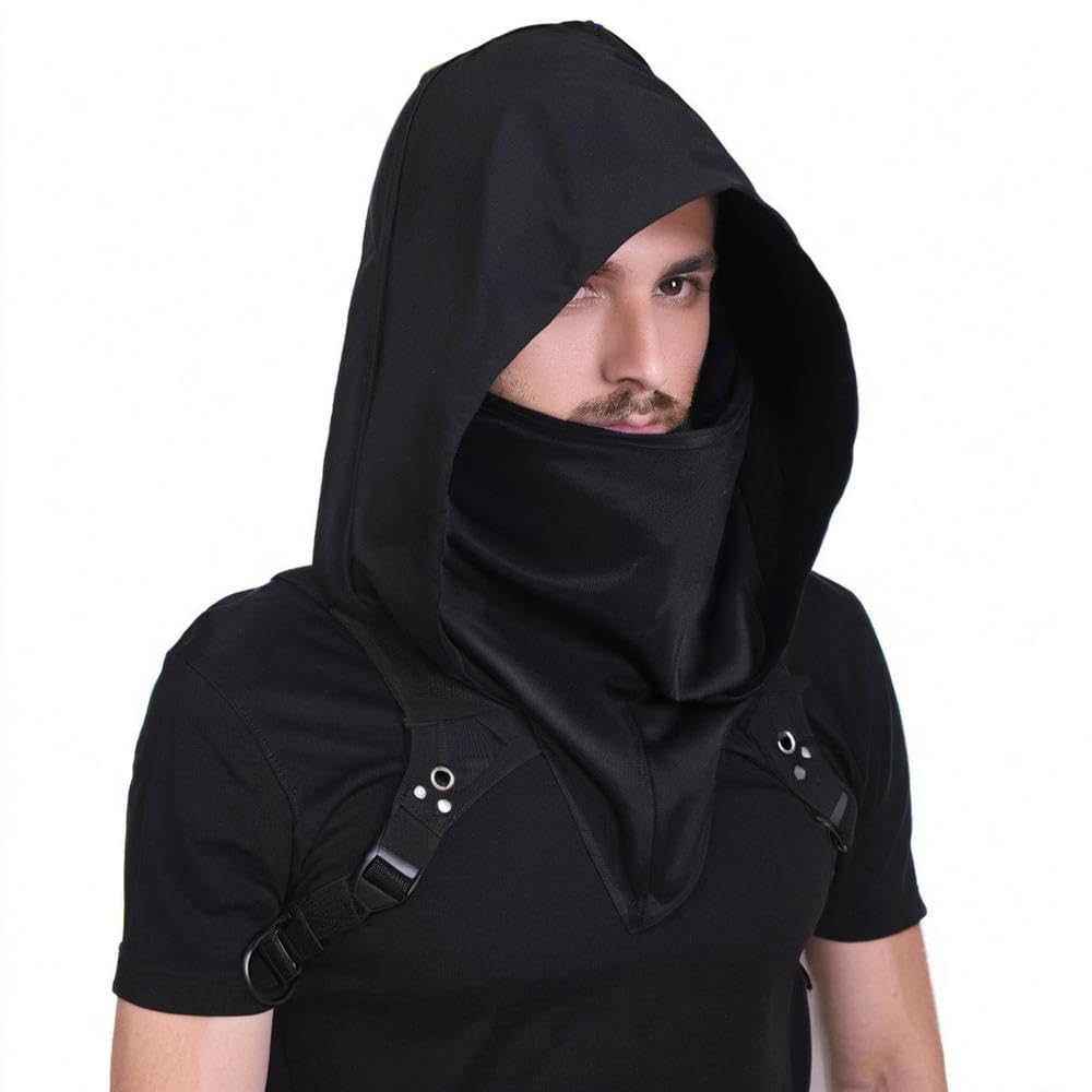 Qchomee Adults Short Hooded Cloak Cape with Mask Halloween Wizard Cosplay Cape Medieval Vampire Devil Pagan Cloak Black for Men Women Fancy Dress Costume Party Cowl Drama Stage Prop (Black)