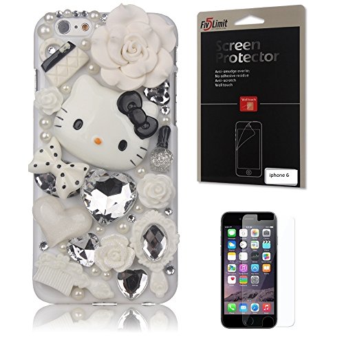 iPhone 6 Case, FiveLimit(TM) For Apple iPhone 6 4.7 3D Luxury Bling Crystal Pearl Love White Hello Kitty Fairy Tale Flower Diamond Cover Case (Package includes: 1 X Screen Protector) (White)