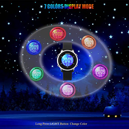 Kids Teens Girls Boys Waterproof Sports Digital Watches Timer with Alarm Stopwatch 7 colorful luminous Black - Thumbnail 3