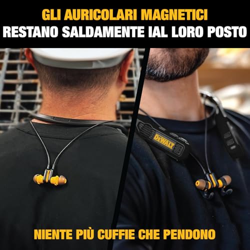 DEWALT Neckband 2-in-1 Heavy Duty Bluetooth Headphones, Wireless Earphones with Built-in Speakers, 60+ Hours Autonomy HD Microphone, IP56 Waterproof, Ideal for Construction Site, Workshop and Outdoor Black